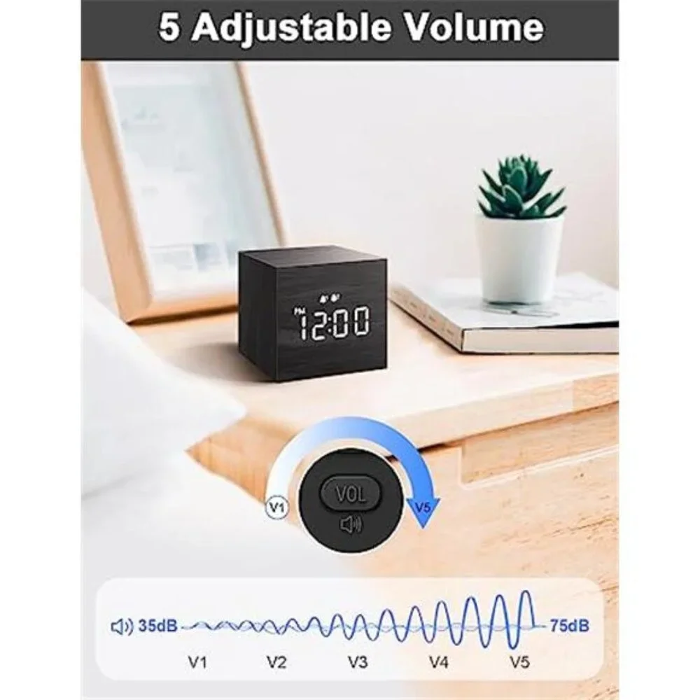 Digital Alarm Clock Wooden LED Display Dual Alarm Small Mini Bedside Clock Black